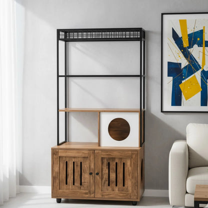 Meuble 2-en-1 chat – Arbre à chat avec cache-litière bois & métal design