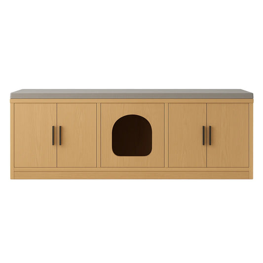 Meuble cache-litière bois clair – Banc 2-en-1 avec rangement intégré