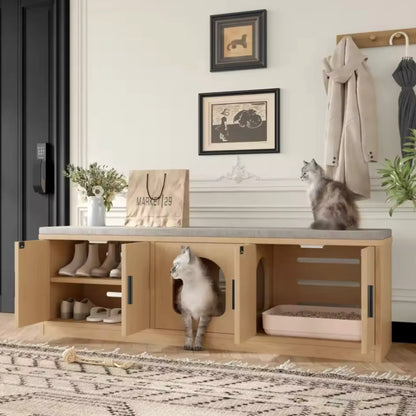 Meuble cache-litière bois clair – Banc 2-en-1 avec rangement intégré