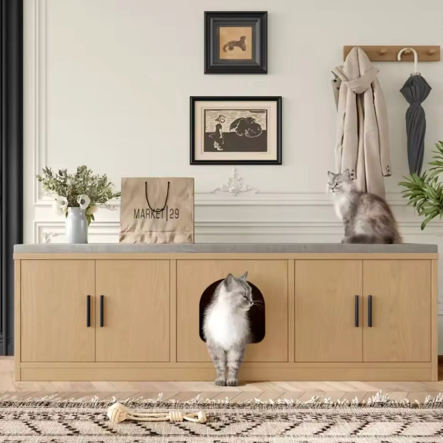 Meuble cache-litière bois clair – Banc 2-en-1 avec rangement intégré