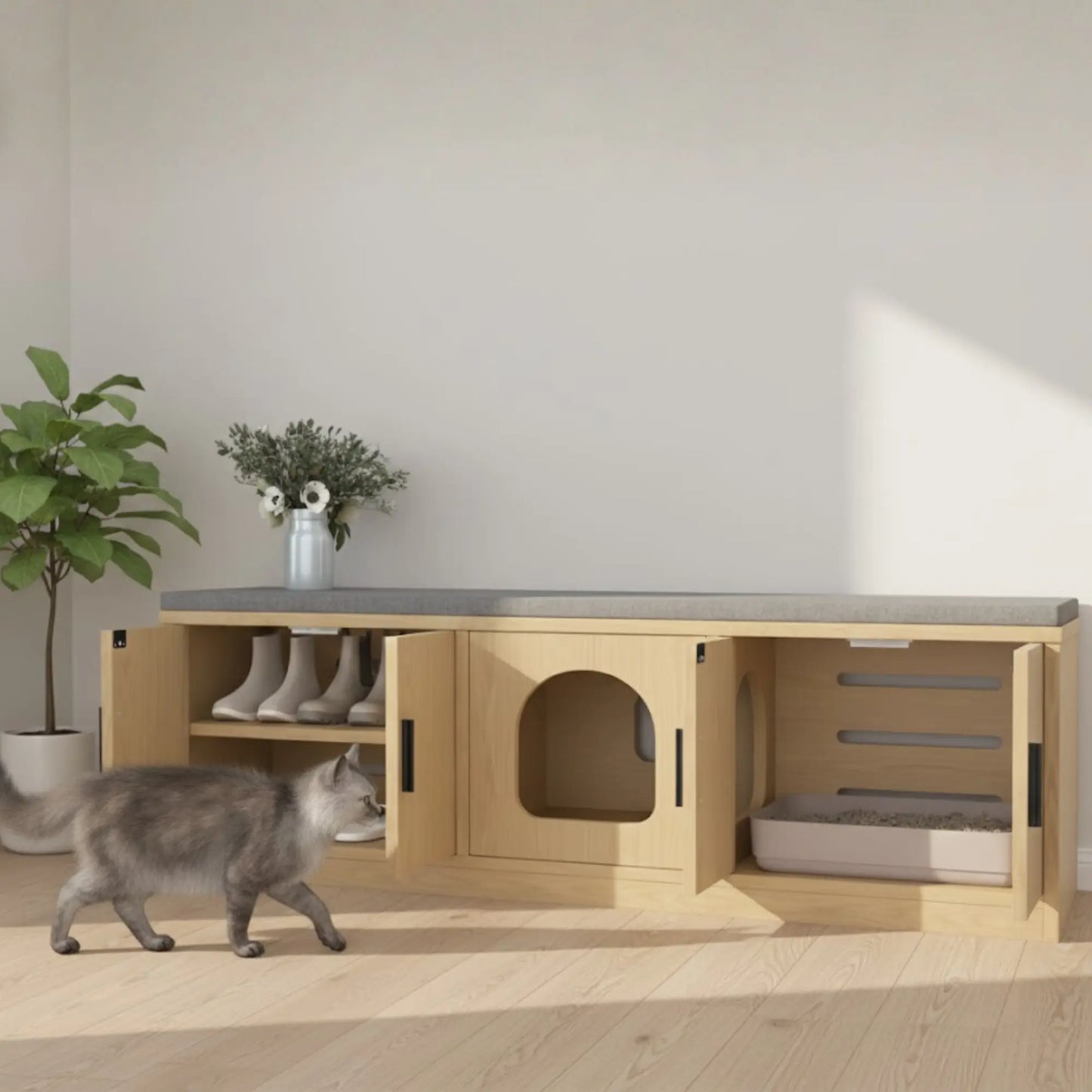 Meuble cache-litière bois clair – Banc 2-en-1 avec rangement intégré