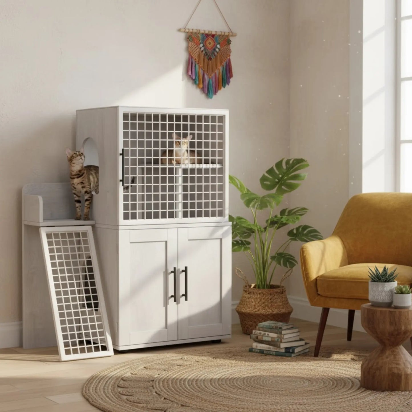 Meuble cache-litière design – Armoire blanche avec espace sécurisé pour chats