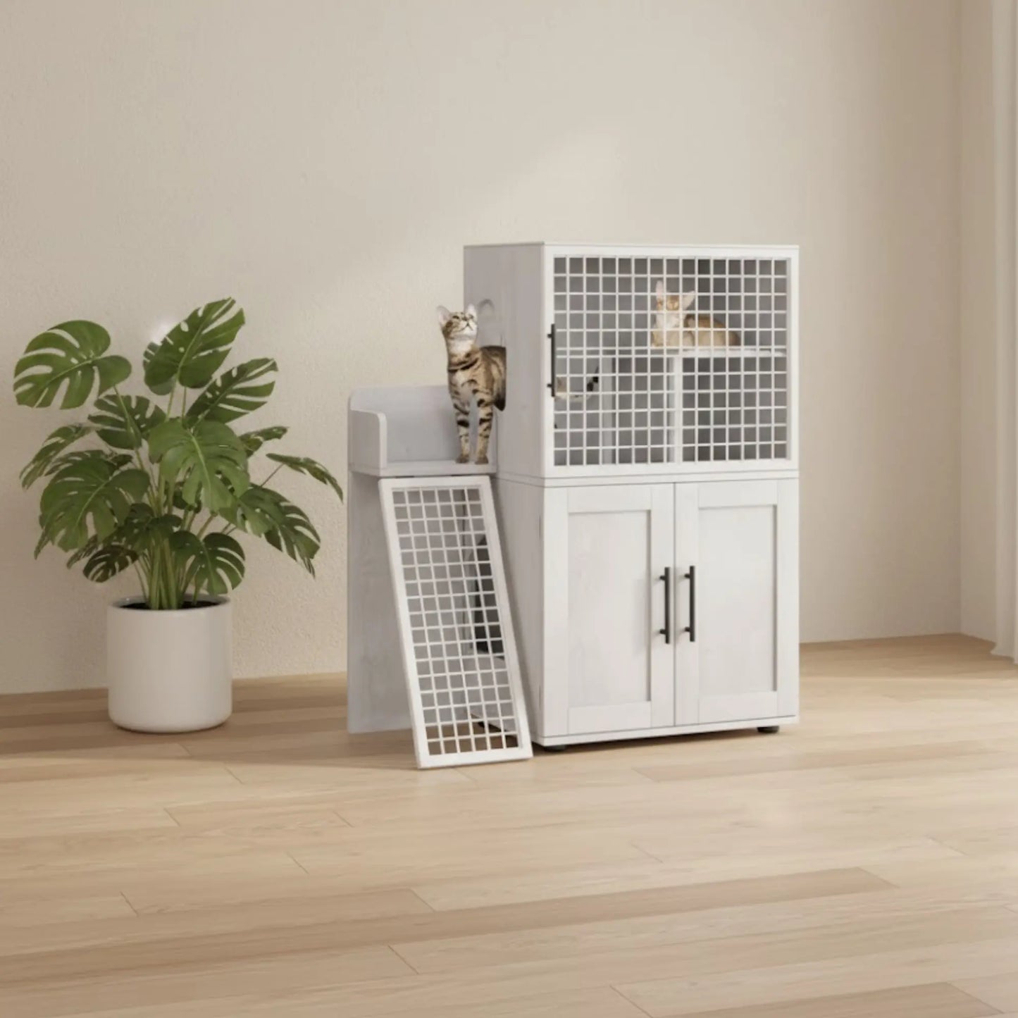 Meuble cache-litière design – Armoire blanche avec espace sécurisé pour chats