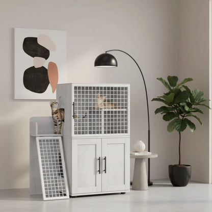 Meuble cache-litière design – Armoire blanche avec espace sécurisé pour chats