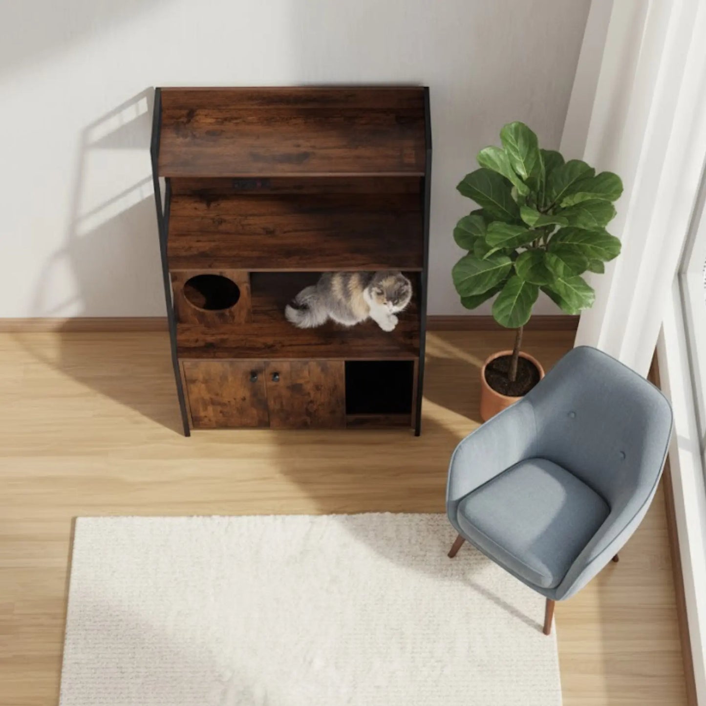 Meuble cache-litière multifonction – Rangement et espace chat intégré