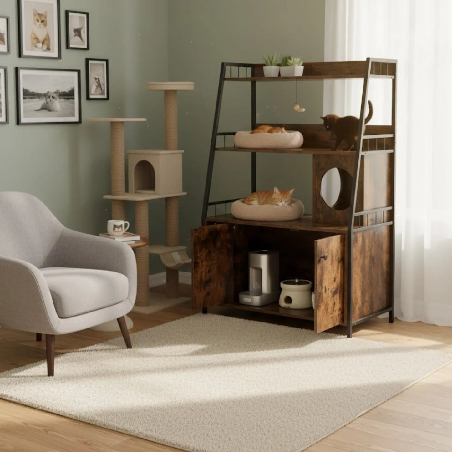 Meuble cache-litière multifonction – Rangement et espace chat intégré