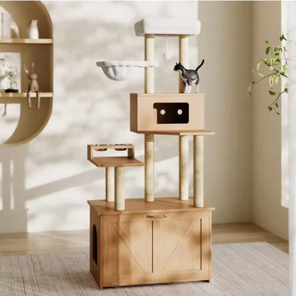 Meuble cache-litière avec arbre à chat – Bois clair, design compact et fonctionnel