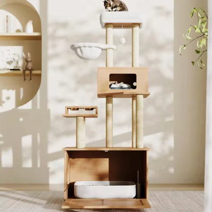 Meuble cache-litière avec arbre à chat – Bois clair, design compact et fonctionnel