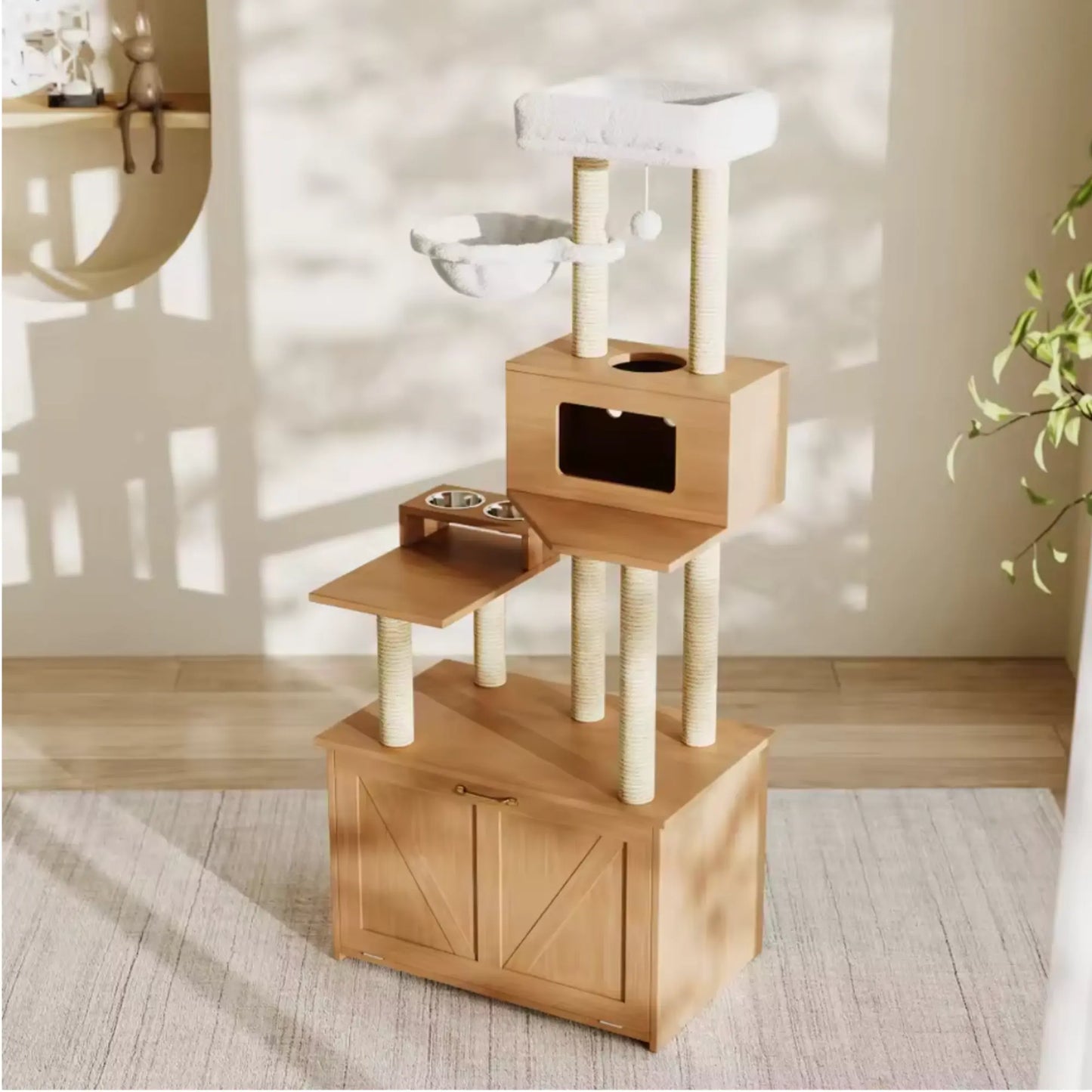 Meuble cache-litière avec arbre à chat – Bois clair, design compact et fonctionnel