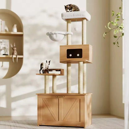 Meuble cache-litière avec arbre à chat – Bois clair, design compact et fonctionnel