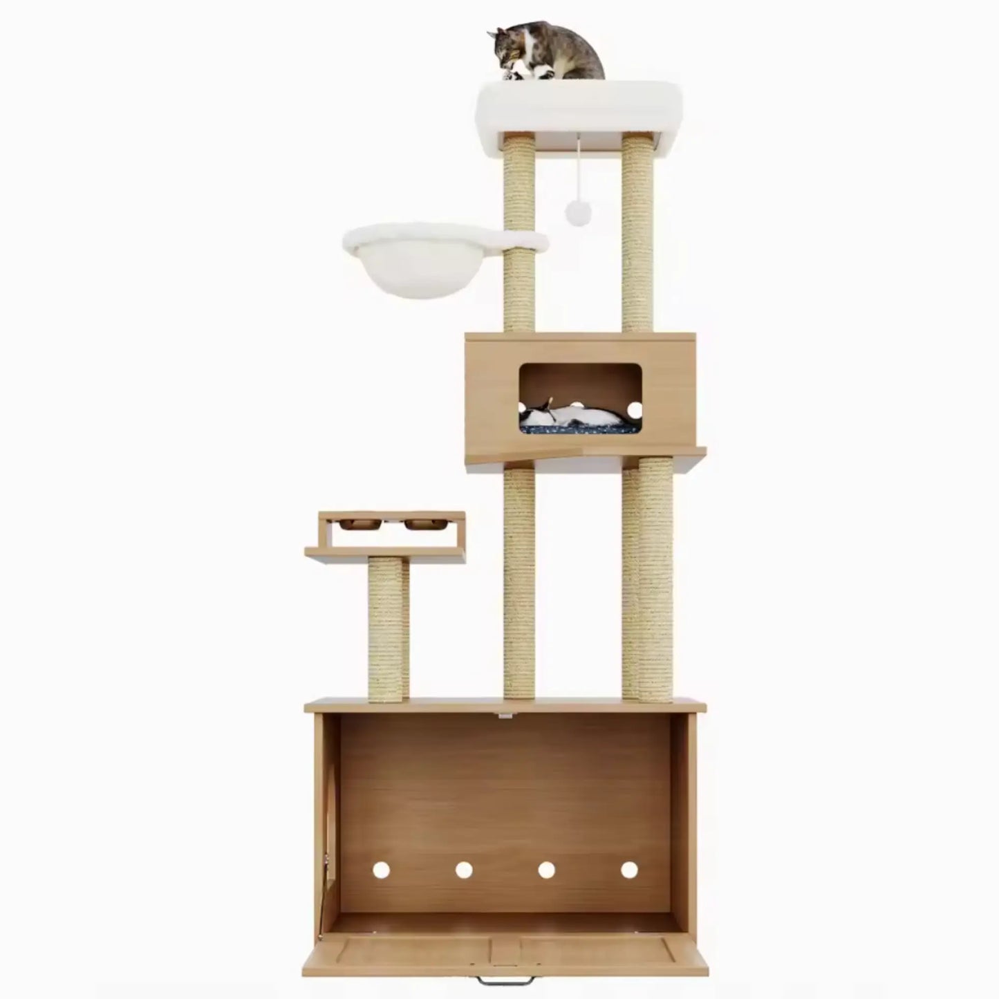 Meuble cache-litière avec arbre à chat – Bois clair, design compact et fonctionnel
