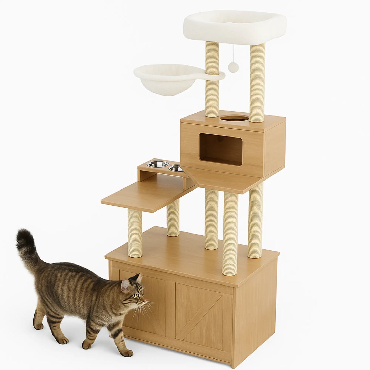 Meuble cache-litière avec arbre à chat – Bois clair, design compact et fonctionnel