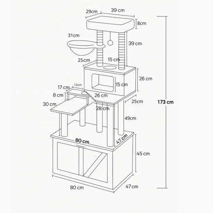 Meuble cache-litière avec arbre à chat – Bois clair, design compact et fonctionnel