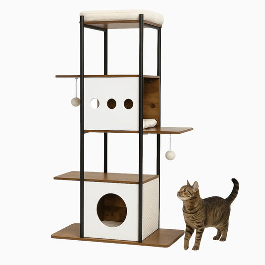 Arbre à chat design 3-en-1 – Niche, griffoir et perchoir en bois marron rustique