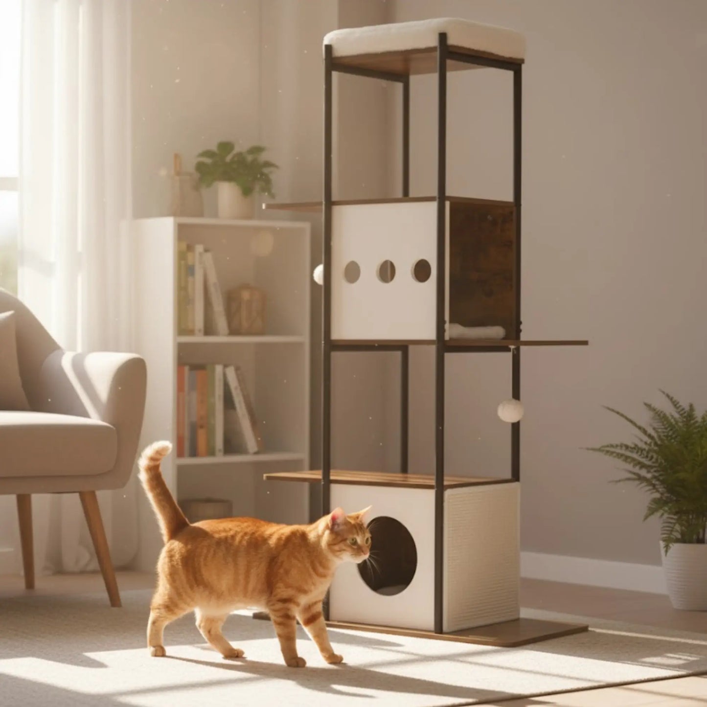 Arbre à chat design 3-en-1 – Niche, griffoir et perchoir en bois marron rustique