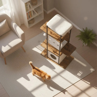 Arbre à chat design 3-en-1 – Niche, griffoir et perchoir en bois marron rustique