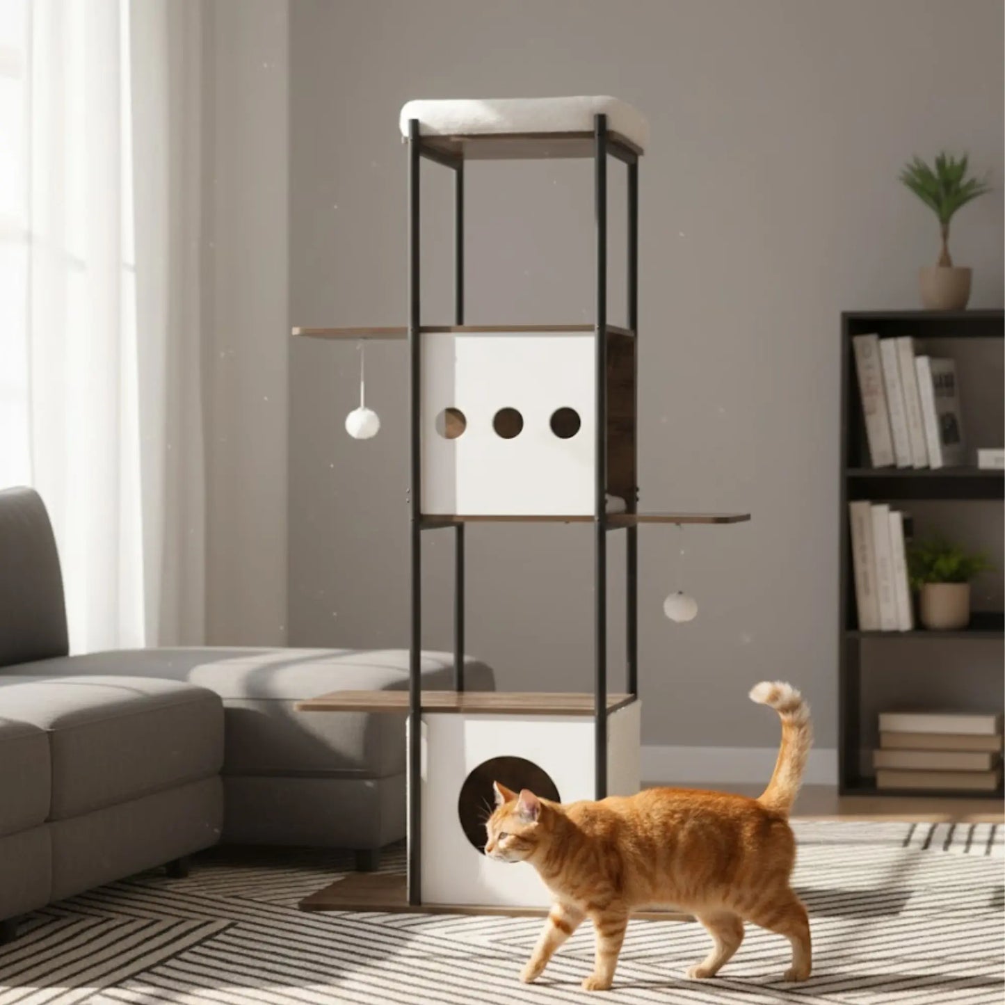 Arbre à chat design 3-en-1 – Niche, griffoir et perchoir en bois marron rustique