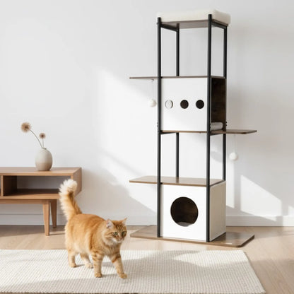 Arbre à chat design 3-en-1 – Niche, griffoir et perchoir en bois marron rustique