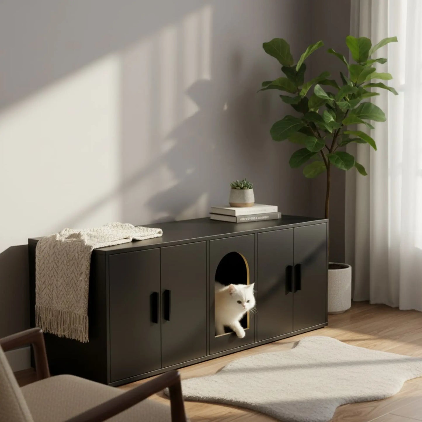 Meuble Cache-Litière XXL pour Chat – Design Banc TV Moderne – Entrée Discrète & Rangements Fermés