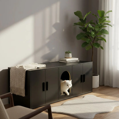 Meuble Cache-Litière XXL pour Chat – Design Banc TV Moderne – Entrée Discrète & Rangements Fermés